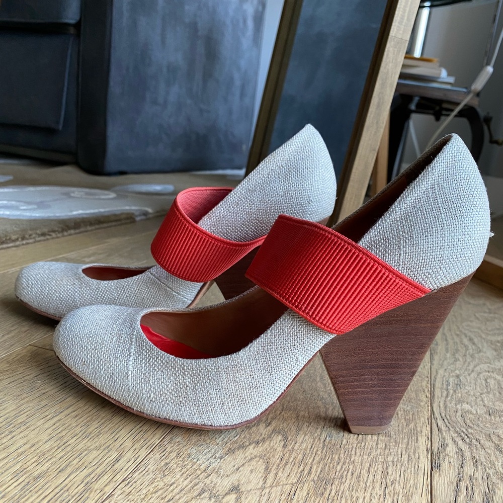 BCBG Max Azria Nude Linen Wood Heel Pumps with Orange Elastic Straps